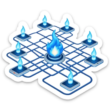 a map with a glowing blue flame on the x and networking paths sticker