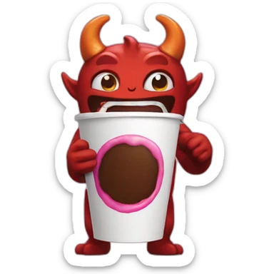 a demon holding a dunkin donuts coffee cup sticker