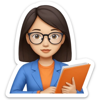 An asian brunette woman teacher with papers and laptop wearing glasses in blue and orange shirt sticker
