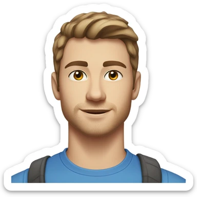 A head and shoulders shot of a 22 year old Caucasian man, with short brown hair, with stubble facial hair,   with blue eyes wearing a t-shirt. sticker