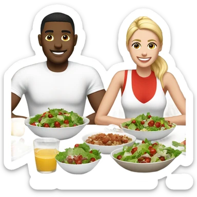 emoji Sporty white couple, man and woman in sportswear, sitting at Christmas holiday dinner table only salads sticker