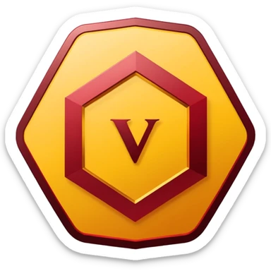 hexagon emblem with a thick yellow-to-gold outline and a dark red gradient inside. In the center, place a bold capital letter V in the same yellow-to-gold gradient as the outline. Keep the shapes clean and geometric, with smooth color transitions and no background color. sticker