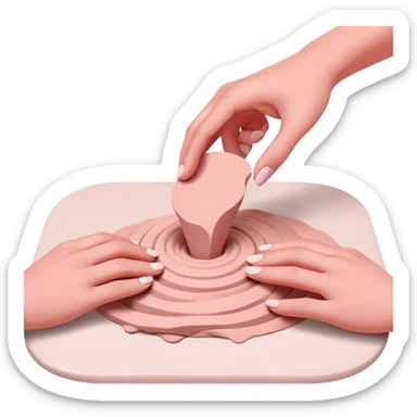 hands wedging a pink clay on a table, pressing and folding the clay sticker