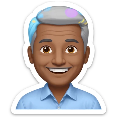 50 yr old indian man, dark skin, grey hair, big smile, white teeth, chubby, no moustache, clean shaven, young style hair, hair brushed back, 5 oclock shadow, bindy on forehead, dress shirt sticker