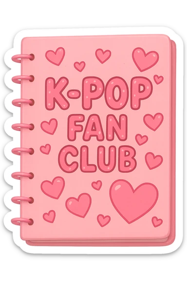 pink kpop fan club notebook with hearts, fun and collectible sticker