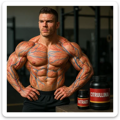 athletic bodybuilder showing muscle pump after taking Citrulline and Nitrates, visual details simulating blood flow with red and blue lines on muscles, supplements with Italian labels in background, sports environment, realistic details sticker
