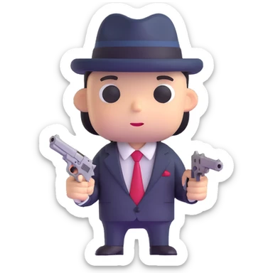 adorable mafia character with suit and tiny gun sticker