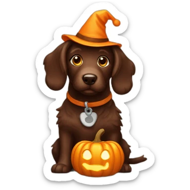 A chocolate doodle dog with a jack on lantern on its head sticker