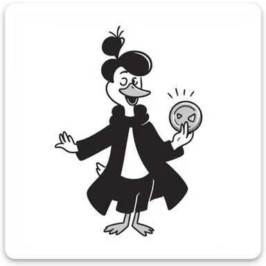 A cool duck in a mysterious black cloak flipping a silver coin sticker
