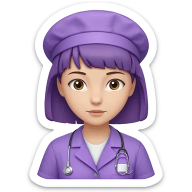 A young female slim nurse with short Brown hair with fringe over her forehead, wearing larvendar purple working cloth only no cap on her hair sticker