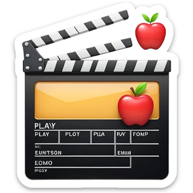 storefront with film clapperboard and play button, cheerful look, apple style emoji sticker