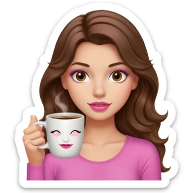 girl with long wavy brown hair, brown eyes, long lashes,sexy pink lips, light to medium complexion, pink sexy top, with a coffee mug sticker