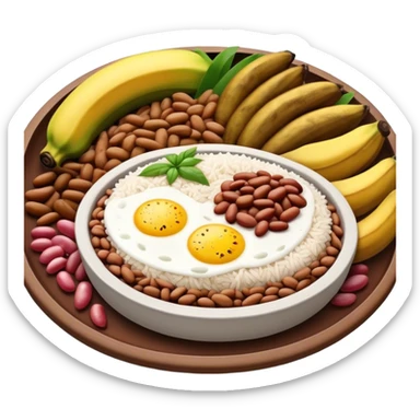 Cinematic Realistic Bandeja Paisa Dish Emoji, depicted as a hearty platter featuring beans, rice, meat, and plantains rendered with detailed textures and vibrant, robust lighting. sticker