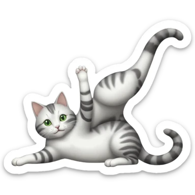 grey and white cat with green eyes doing a big extremely long stretch reaching up into the air with arms and legs side by side together straight and overextended whilst lying on its side sticker