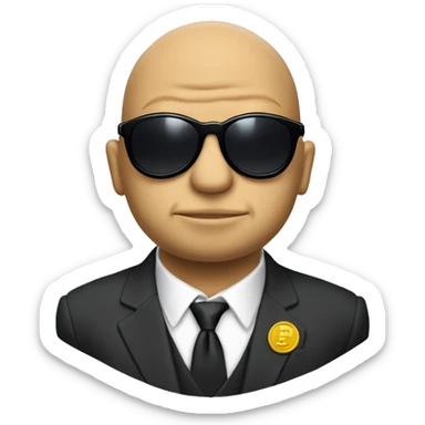 pepe bald from centre and having side hair wearing suit and black shoes with sunglasses and promoting a coin sticker