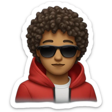 Square-jawed boy with curly hair and a degrade, wearing black sunglasses and a red hoodie. sticker