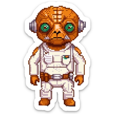 Admiral Ackbar from Star Wars emoji, pixel art style, simplified features, orange-brown skin, large eyes, white uniform sticker