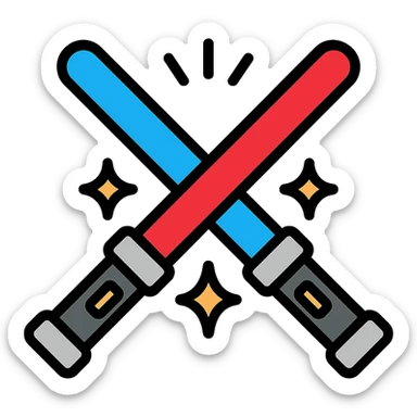 two lightsabers, one blue and one red, clashing with motion lines and sparks sticker