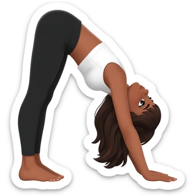 Девушка белокожая с правильными пропорциями тела стоит в позе собака мордой вниз, только человек, с длинными темными волосами, в коротком белом топе, в черных лосинах, с черными ресницами sticker