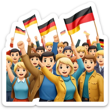 West German protest scene with people holding colorful protest signs, BRD flag, lively mood, 1960s sticker