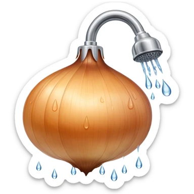 onion under showerhead, getting wet, water droplets sticker