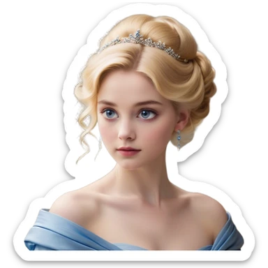 Cinematic Realistic Cinderella Portrait, depicted with lifelike skin texture, subtle rosy undertones, and soft natural lighting that enhances the gentle contours of her face. Her intricately detailed golden blonde hair is elegantly styled in an updo, with delicate wisps framing her face for added realism. Her deep, expressive blue eyes radiate warmth and sincerity, reflecting a quiet resilience and grace. She is dressed in her iconic ball gown, the fabric shimmering with intricate embroidery and fine translucent layers that catch the light beautifully. The soft sheen of satin gloves and the delicate sparkle of a glass-like slipper peeking from beneath her dress add a touch of magical realism. The portrait features an enchanting glow with a natural, luminous finish, seamlessly blending realism and fairytale charm to evoke a sense of depth, elegance, and timeless beauty. sticker