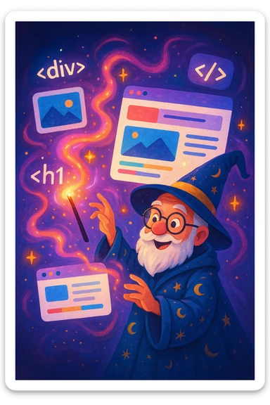 A wizard with glasses, surrounded by floating HTML tags and website windows, using magic to build a website, playful and creative scene, colorful, imaginative sticker