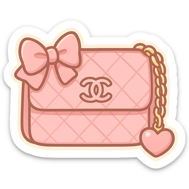 pink Chanel purse with a bow and heart charm, cute and exaggerated chibi stickers style sticker