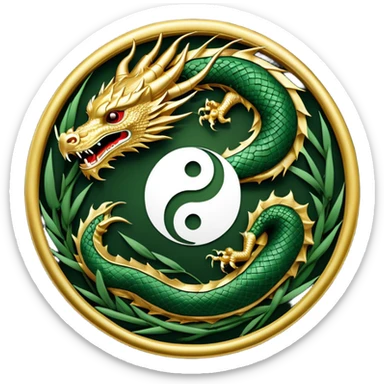 An icon symbolizing Eastern martial arts in the style of an emblem, with a black-and-white Yin-Yang symbol at the center. A dragon is placed on either side, representing strength and wisdom. The design includes bamboo and traditional elements. Transparent background sticker