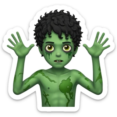 boy zombie with black curly hair, green skin, arms outstretched sticker