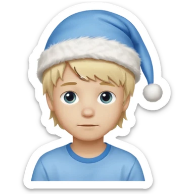 create boy blonde hair long messy, light eyes, white t shirt, rich, long hair, eyes blue, acessory head cristimas blue hat sticker