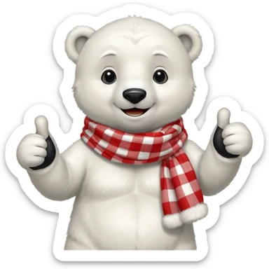 baby Polar Bear, smiling, thumbs up, wearing red Checkered Triangle scarf sticker