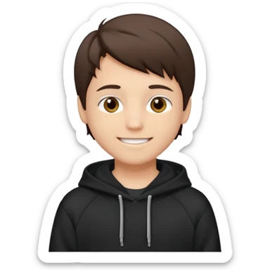 A brunette boy, short straight hair, light brown eyes, with a black sweatshirt with a hoodie, and smile  sticker