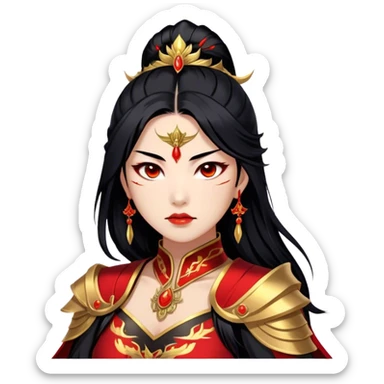 Cinematic Stunning Mulan Portrait Emoji, Fierce yet graceful, flowing raven-black hair, piercing brown eyes filled with determination, adorned in regal red and gold warrior attire, glowing with the strength and beauty of a true heroine, an elegant warrior in her prime! sticker