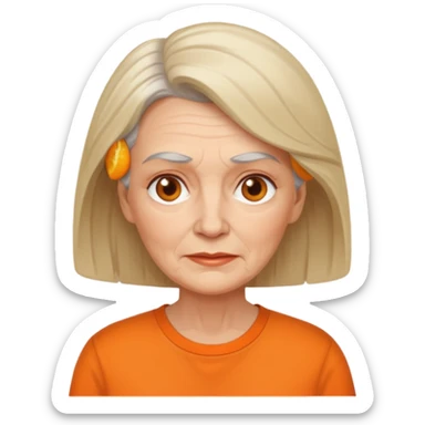 older white woman with orange shirt no smile sticker