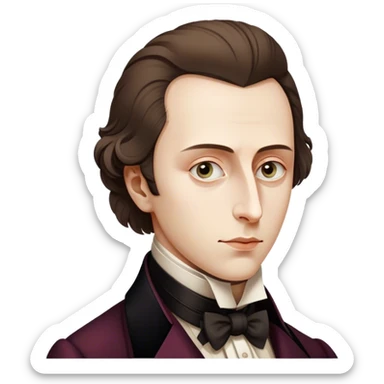 Cinematic Realistic Chopin Portrait Emoji, depicted as an introspective composer with expressive eyes and period attire, rendered with rich textured detail and soft classical lighting that captures his emotive musical genius. sticker