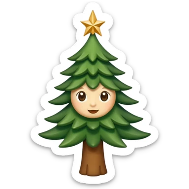 Un emoji représentant un petit sapin stylisé, sans bouche, avec deux grands yeux de biche brillants couleur cannelle. Style minimaliste, mignon et expressif, comme un sticker ou un emoji moderne. Fond parfaitement transparent, haute qualité, bien centré. sticker