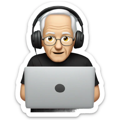 old man in black t-shirt playing on PC with heaset   sticker