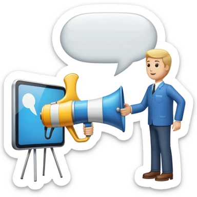 An icon featuring a megaphone, a billboard, and a handshake, symbolizing advertising and public relations. The design includes a speech bubble and media icons, representing communication and brand messaging. Transparent background highlights the influence of PR and marketing strategies. sticker