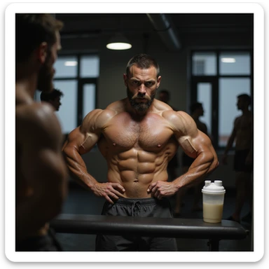 realistic bodybuilder man in extreme definition phase, very lean, dry and less full muscles, visible veins, lean body, in front of mirror, doubtful or frustrated expression, gym background, dim light, protein shaker on bench sticker