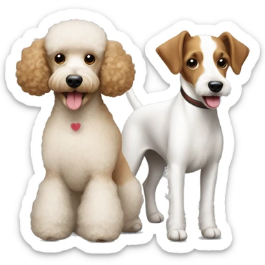 small light brown poodle dog with big jack russell terrier sticker