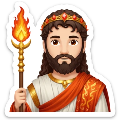 Vulcan, God of Fire from Roman Deities with long dark brown wavy hair and beard, red orange sequin toga  sticker