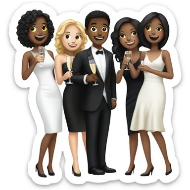 Group of 5 smiling women with black dresses, one boy black suit and a woman with white dress clinking champagne sticker