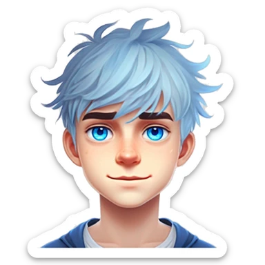 Teenager boy white messy hair, bangs, bright blue eyes  sticker