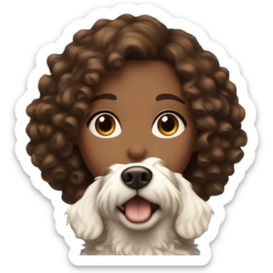 Girl with brown eyes and brown curly hair holding fluffy white dog  sticker