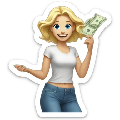 blonde girl with blue eyes rejoices and dances while holding money in her hands sticker