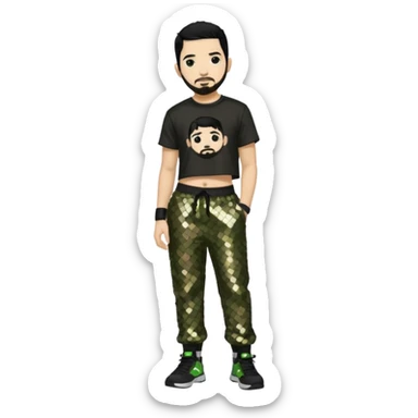 Mike Shinoda with black hair, black sequin crop top, olive sequin baggy pants sticker