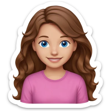 Girl wavy long brown hair, blue eyes, medium skin tone, pink shirt sticker