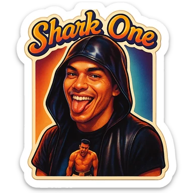 Make him Smiling with tongue sticking out
Add the words Shark One sticker