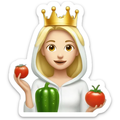 blonde girl  eating  cucumber and tomatoes with white hoodie iridescent and a crown princess sticker